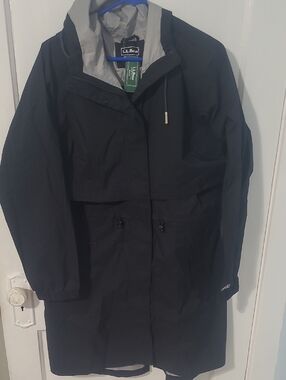 L.L. Bean Black Trench Coat with Light Gray Hood Lining